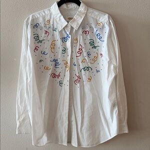 White Button-Up Shirt with Multicolor Confetti/Celebration Print L